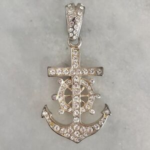 Bling Crystal Rhinestone Embellished Anchor Nautical Pendant Silver-tone OS